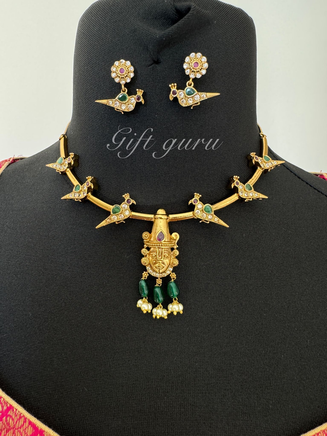 Traditional Temple Jewelry – Balaji Kante with Parrot Charms &amp; Matching Earrings – Black Matte Finish