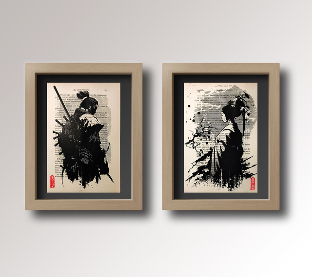 Samouraï et Geisha sur pages de livre