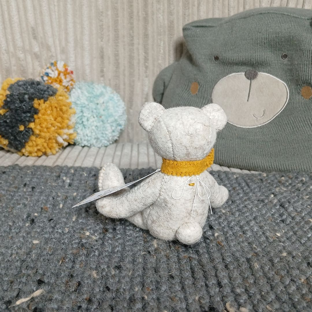 Prince. Miniature size, handmade teddy bear. UKCA. Tray base packaging. Standard Wool Felt. Beige. Mustard. Grey. Sand.
