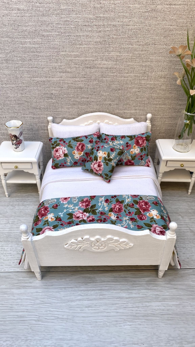 1:12 Teal Vintage Liberty Print Floral Miniature Bed Set