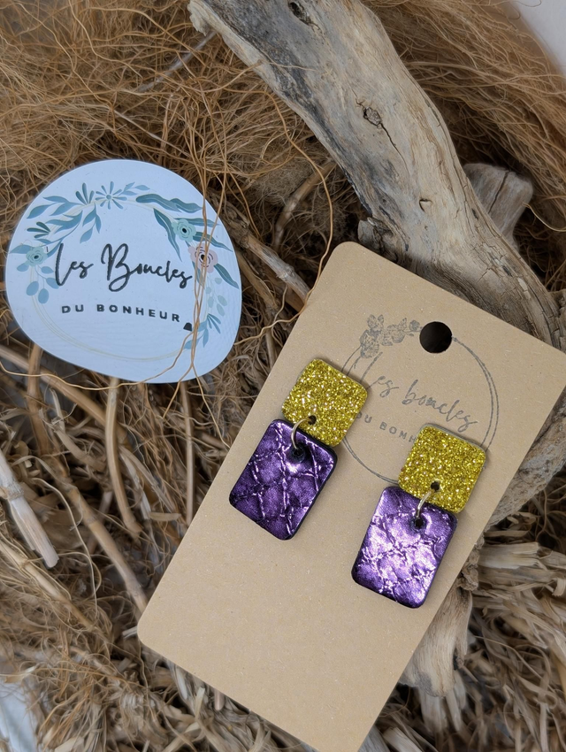 Boucles d'oreilles Anti Gaspi  aubergine jaune paillettes ag027