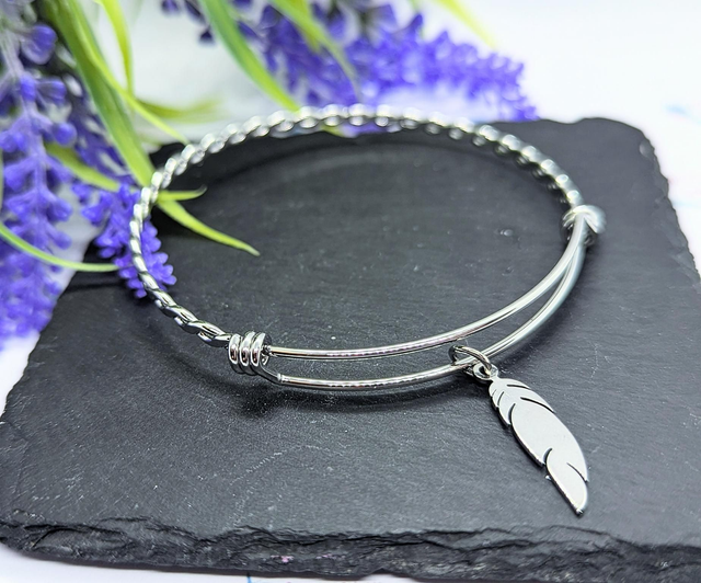 Stainless Steel Bangle with Feather Charm 