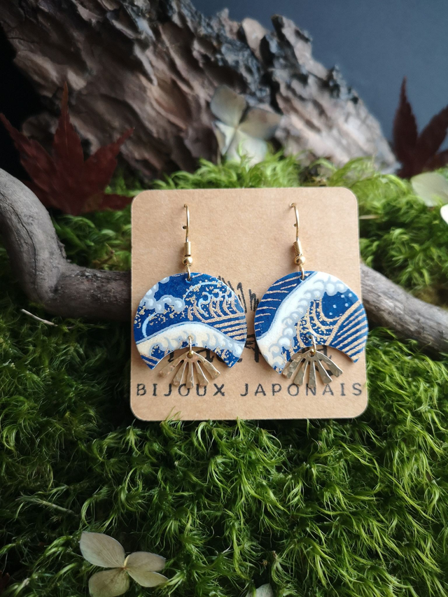 Boucles d'oreilles - crochets - papier washi - vague d'Hokusai - éventail martelé - La&Titia 
