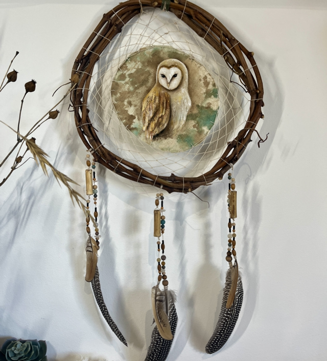 Esprit de la Chouette - Peinture Totémique & Attrape-rêves artisanal