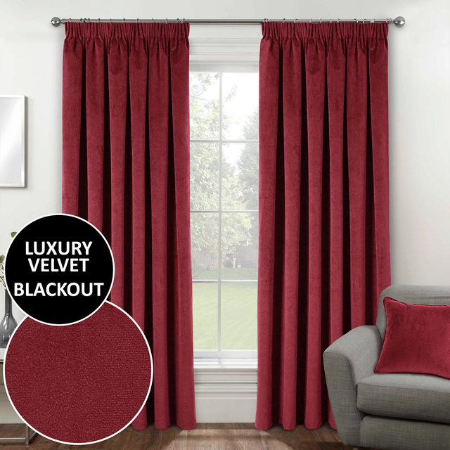 Enhanced Living Oxford Red 100% Blackout Velvet Readymade Pencil Pleat Curtains