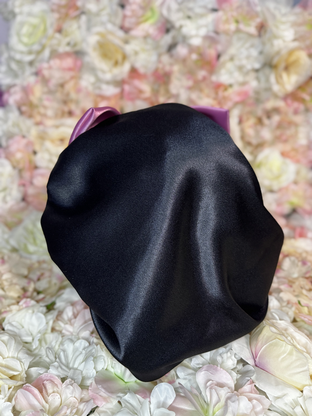 Bonnet en satin soie réversible rose & noir | Avec Nœud | Protection cheveux nuit | Anti-frisottis | Tailles S, M, L | Double face fait main