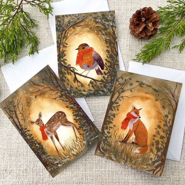 Set of 3 Elegant Woodland Christmas Cards | Fox, Robin & Fawn Gouache Art Print | 5x7 Matte Finish