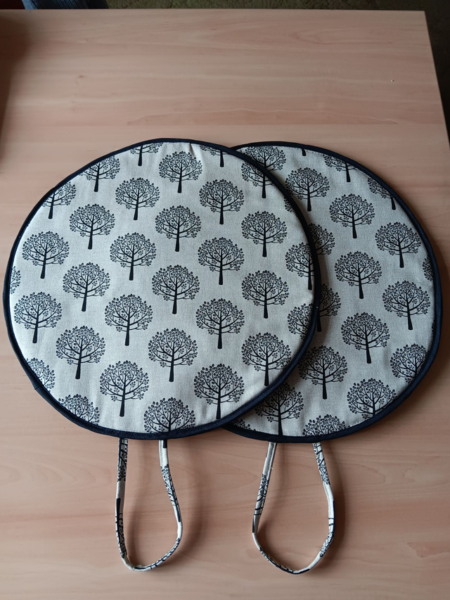 Pair of Beige Aga Lid Covers with Black Mulberry Trees Print Fabric and Black binding
