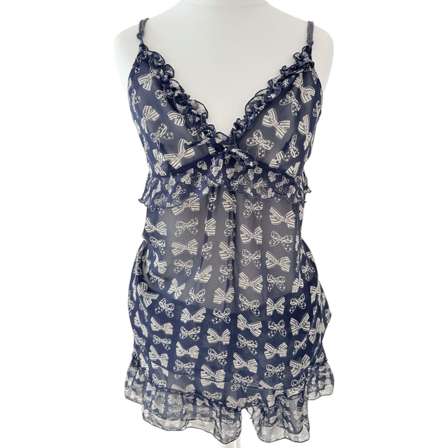 japanese brand navy blue bow cami and shorts loungewear pyjama set