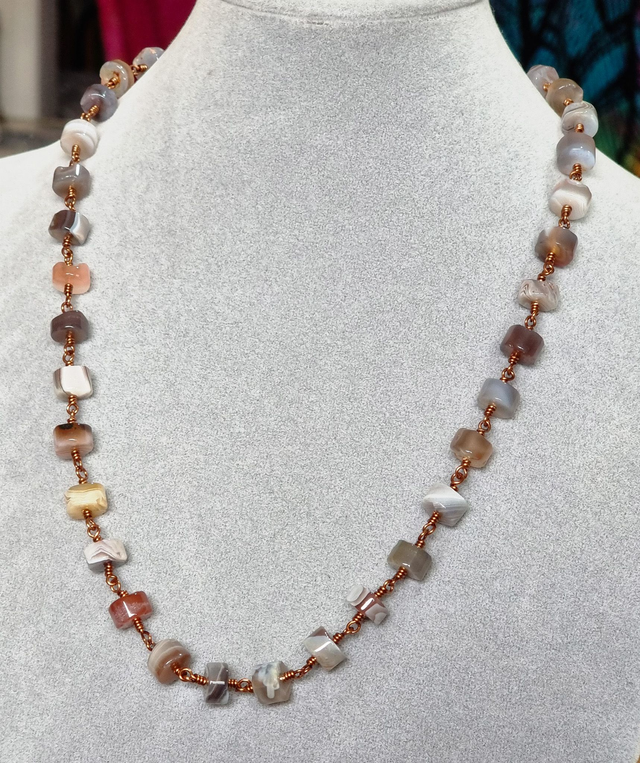 Beautiful Botswana Agate wheels made into a 23" long rosary link style necklace with antiqued copper wire.