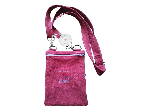 Pochette porte téléphone en coton épais rouge fushia double face zippée avec broderie JARDIN SECRET