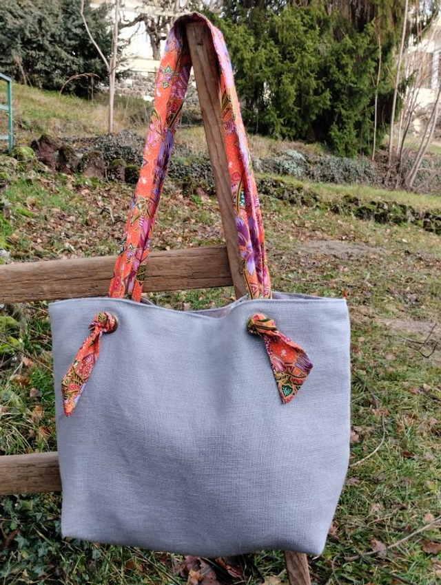  Sac cabas gris doublé anses "foulard" tissu pekalongan
