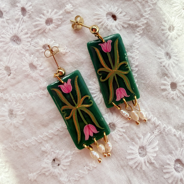 Pink Tulip Rectangle Earrings with Rice Pearls