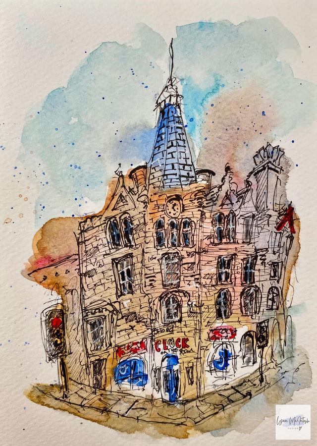 The Clock on the Shore, Leith - Original Watercolour &amp; Pen Sketch
