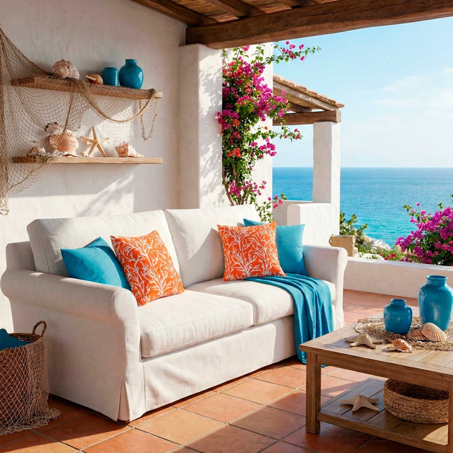 Funda Cojín "Arrecife Sunset": Esencia Mediterránea en Naranja y Blanco