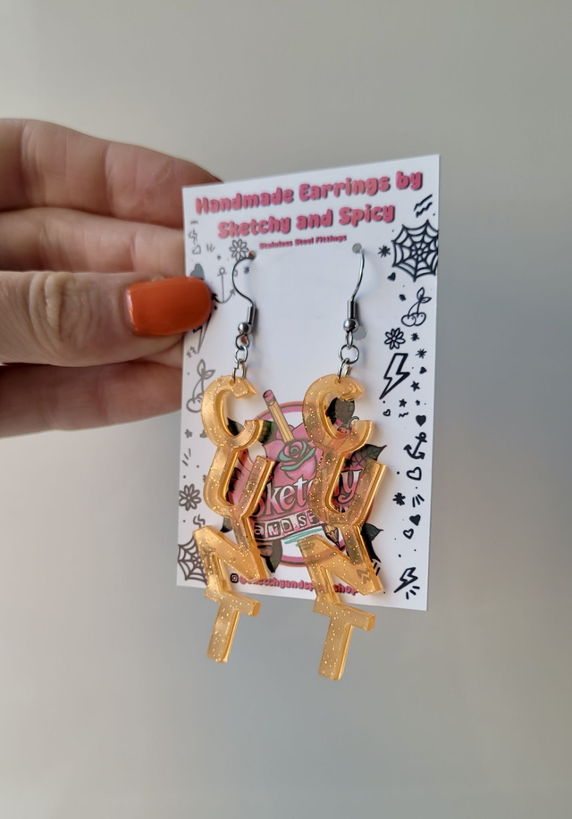 Earrings- Orange Glitter CUNT Swear Earrings | Stainless Steel Shepherd Hooks