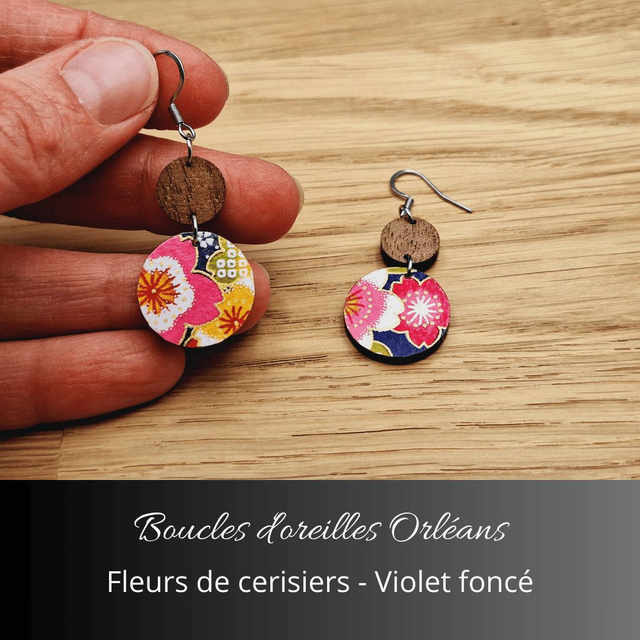 Boucles d'oreilles Orléans - Violet foncé et fleurs de cerisiers