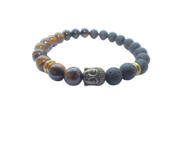 Kralen Armband Tijgeroog en Lavasteen met Boeddha