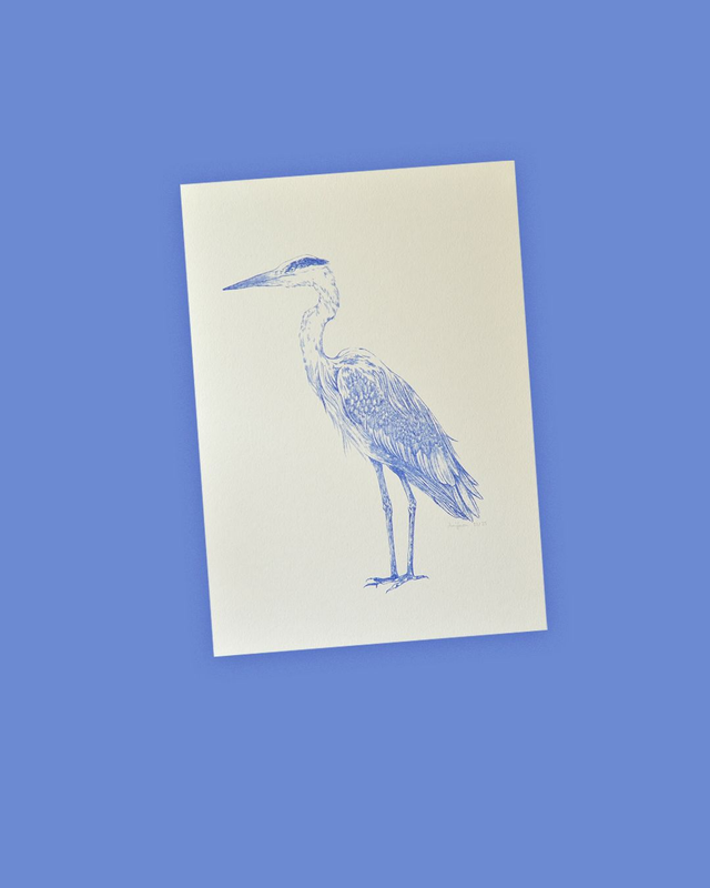 Affichette A4 le héron - série les animaux bleus -