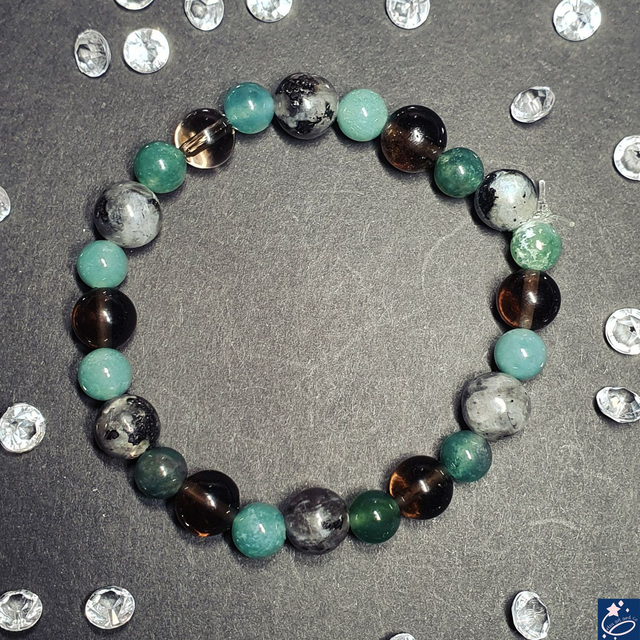 Bracelet en élastique en agate mousse, labradorite et quartz fumé