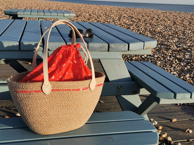 SOLD - Red sailboat fabric lined basket