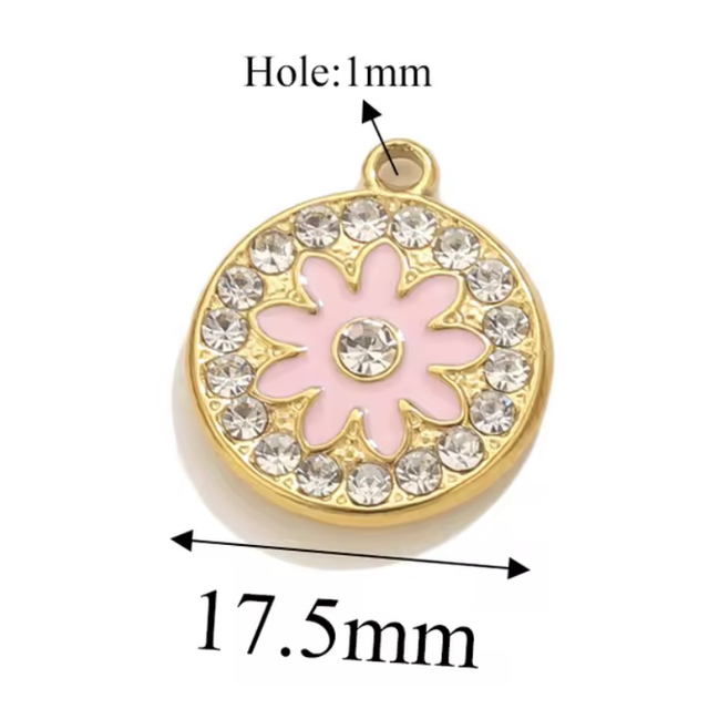 Charm tondo con fiore rosa smaltato e zirconi 