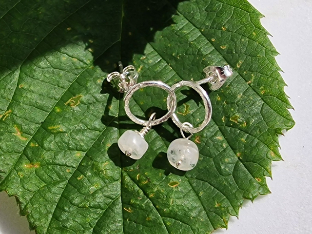 Halo hammered 925 Silver 9mm round ring stud earrings with Natural Moonstone element. Butterfly backs. 1 x Pr  (1)