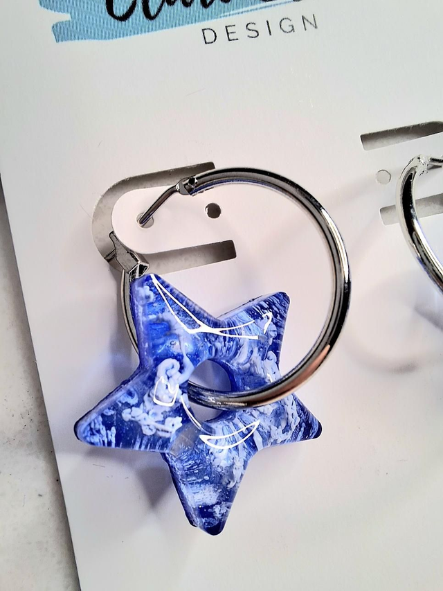 Blue 'petri dish' star charm hoop earrings