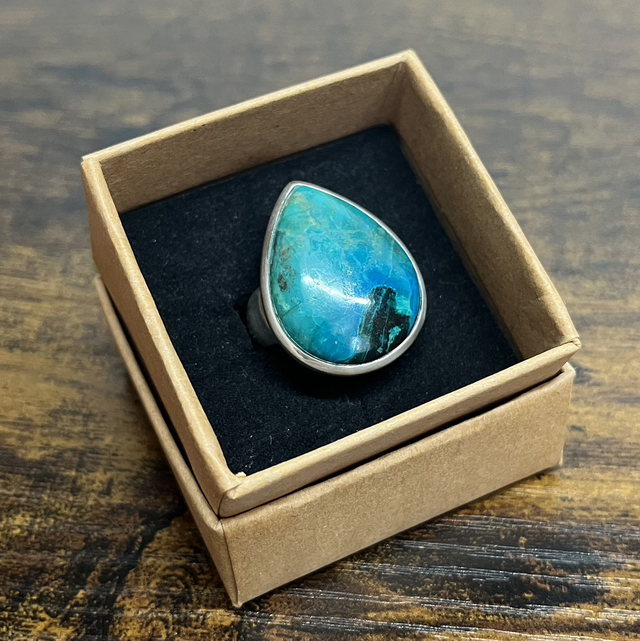 Bague en argent et Chrysocolle à Malachite - Taille 56 réglable 