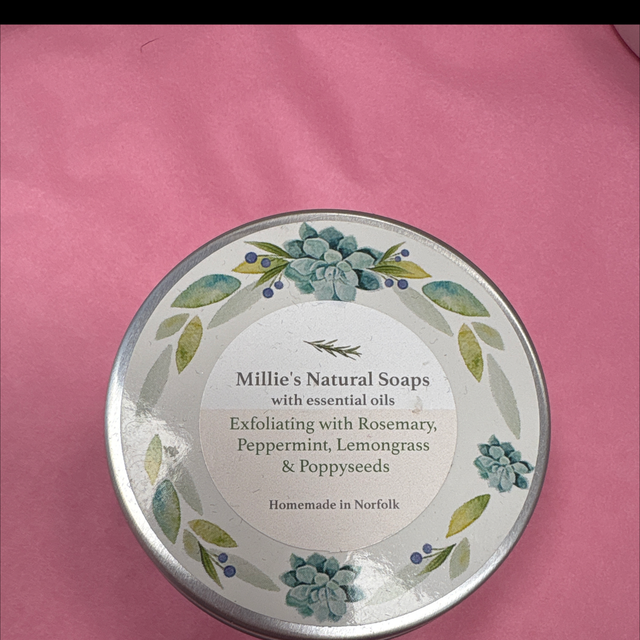 Millie’s natural soaps with essential oils, exfoliating with rosemary, peppermint, lemongrass and poppy seed travel soap