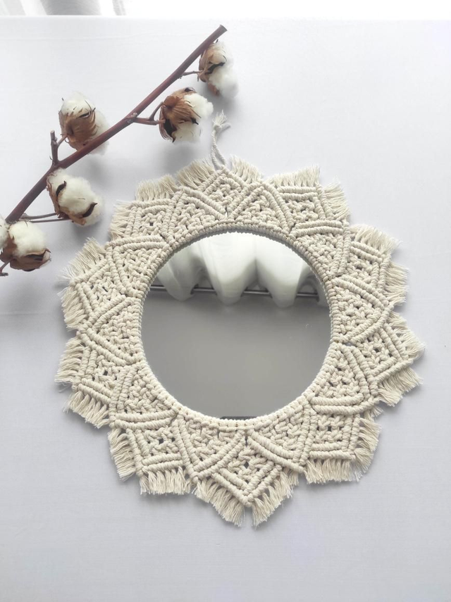 Miroir en macramé beige - 35 cm