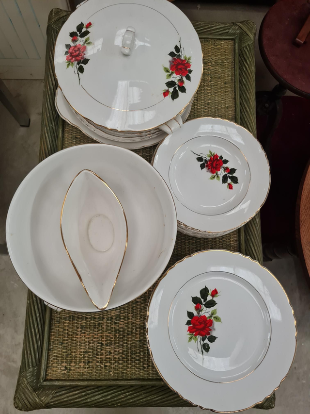 Service vintage fleurs rouges 24 assieetes plates 11 assiettes creuses 2 soupieres 1 saucier 4 plats 1 saladier