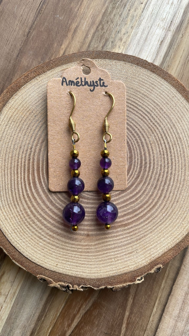 Boucles pendantes AMETHYSTE Acier inoxydable doré