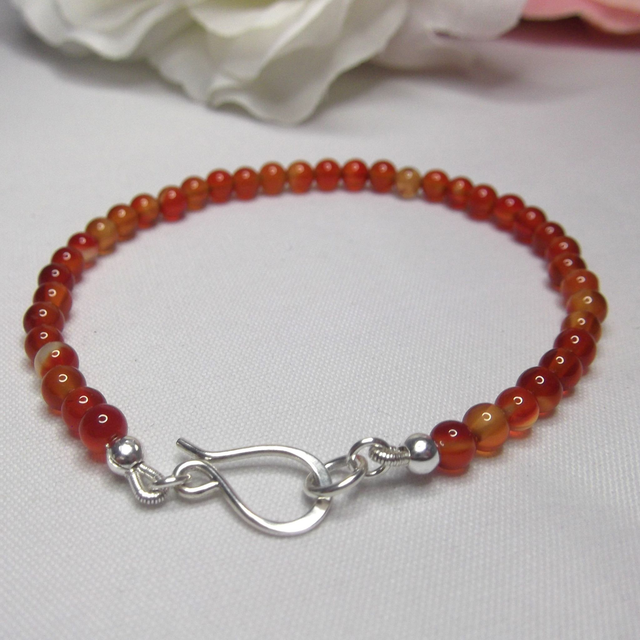 Carnelian gemstone bracelet of small round beads with recycled sterling silver clasp 