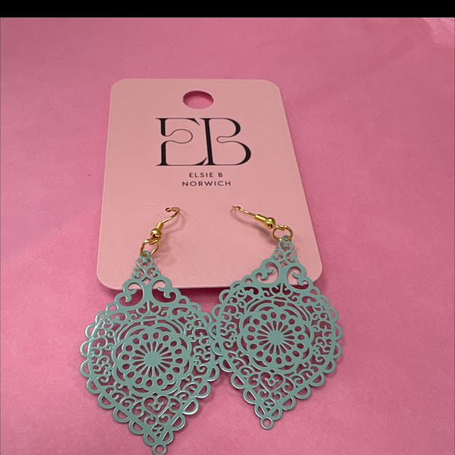 Mint metallic lace earrings gold hoops 