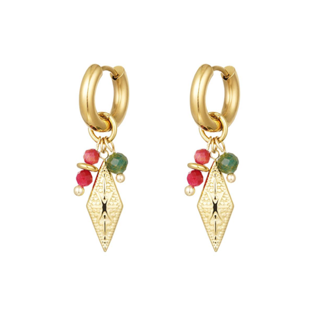 Oorbellen ruit met bedels goud/groen/rood 