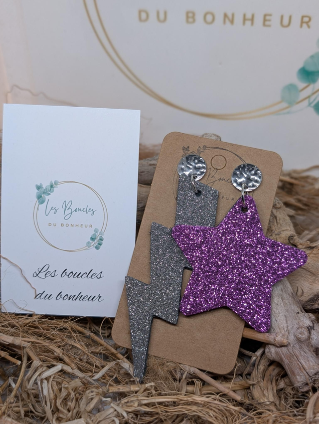 Boucles d&#039;oreilles Asymétrique gris violet paillettes zk022