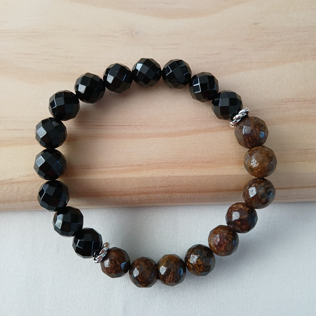 Heren armband Bronziet & Onyx – zilverkleurig RVS, elastisch, polsomtrek 19 cm (2.069)