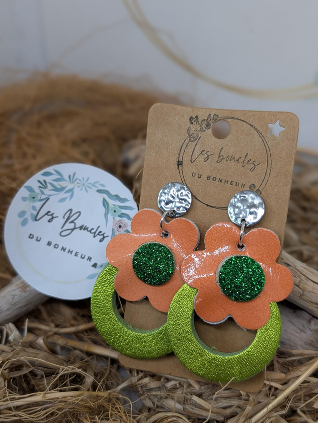 Boucles d&#039;oreilles fleur rétro orange vert mo725
