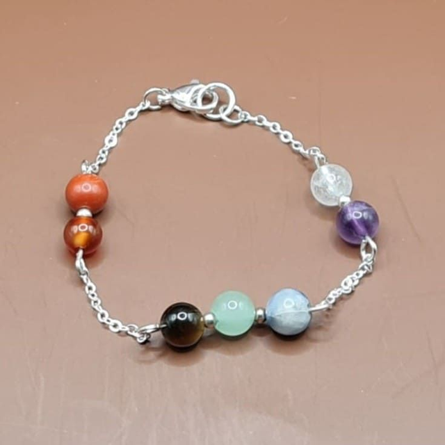 Bracelet 7 Chakras argenté, avec mini perles, en 3 parties éloignées