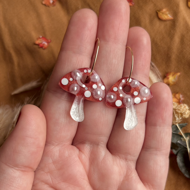 Mushroom Hoop Earrings Fly Agaric Gold Plated