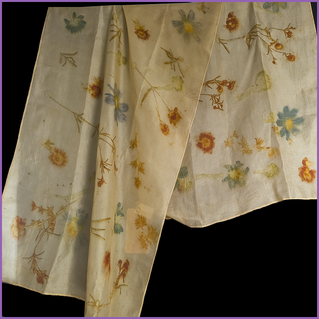 100% Silk Scarf - 180cm x 45cm - eco printed with coreopsis, bidens, cosmos and african daisy and blanket dyed with annatto