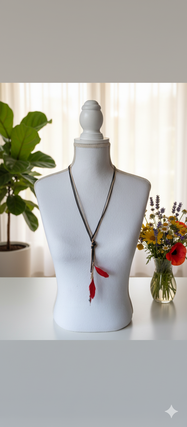 Sautoir rangs noir et doré à plumes rouge