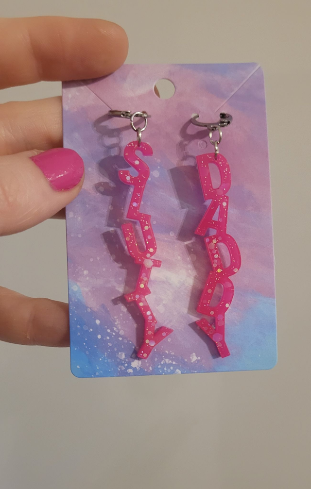 Earrings- DADDY / SLUTTY Hot Pink Glitter Earrings | Stainless Steel Lever back Hoops