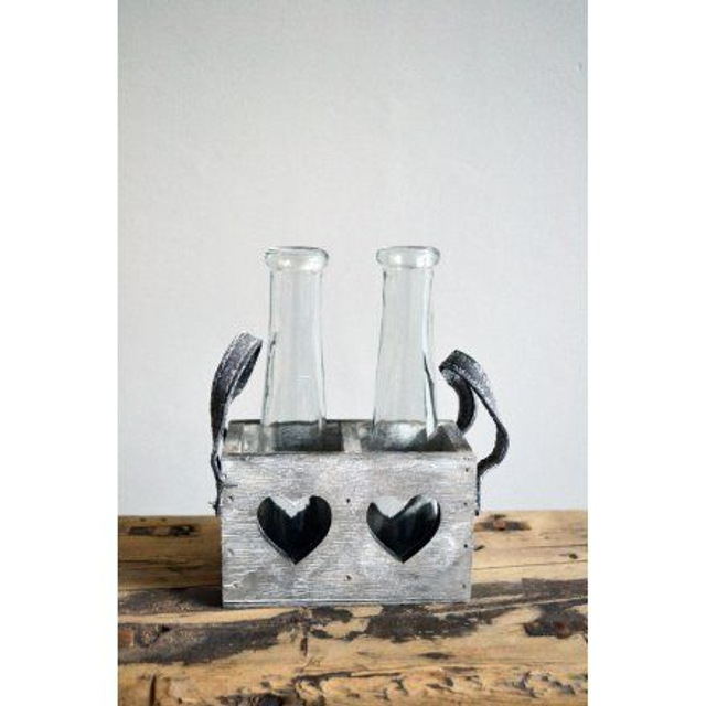 2 Glass Bottles In A Wooden Hearts Stand With Handles