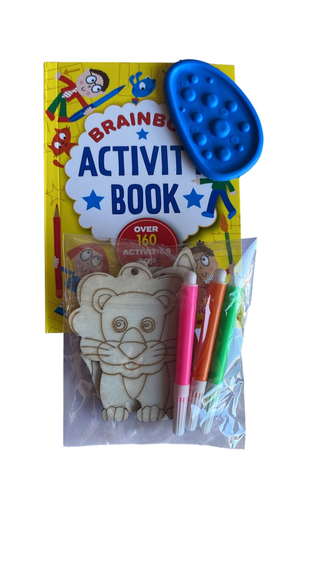 Kids Brainbox Activity Book Set – Lion Wooden Craft, Markers & Sensory Pop Toy