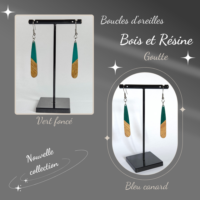 Boucles d&#039;oreilles VERT foncé ou BLEU canard en Bois &amp; Résine