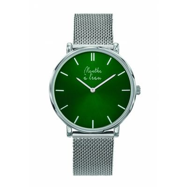 montre  menthe à l&#039;eau mixte fond vert et index des minutes bâton argenté brillant  bracelet maille milanaise chromé