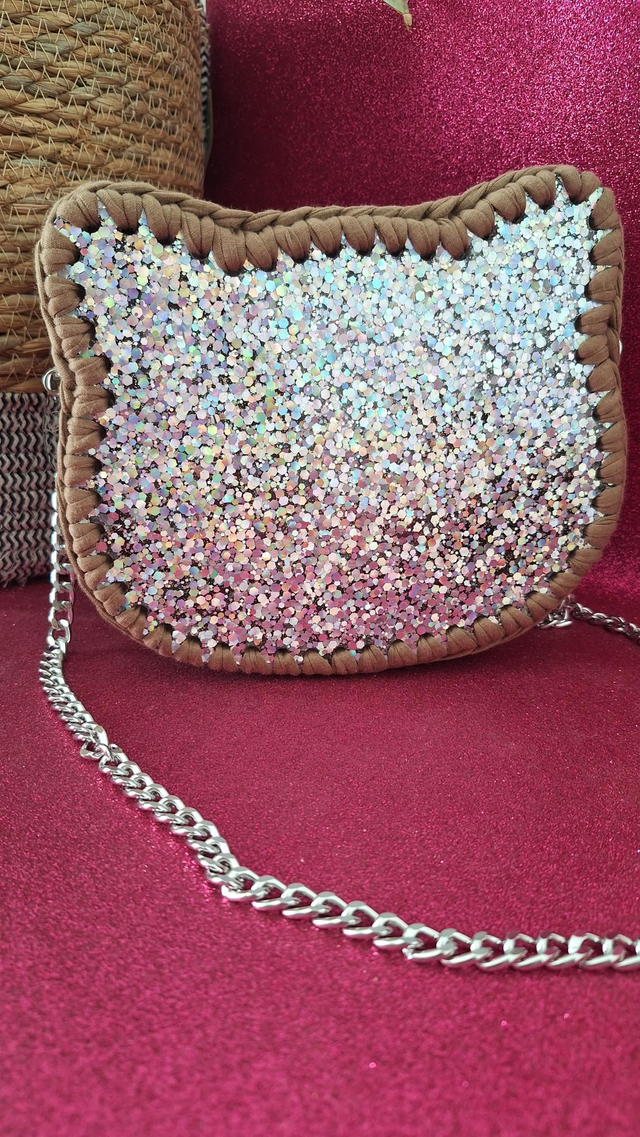 Sac en Résine Chat paillettes argentées holographiques