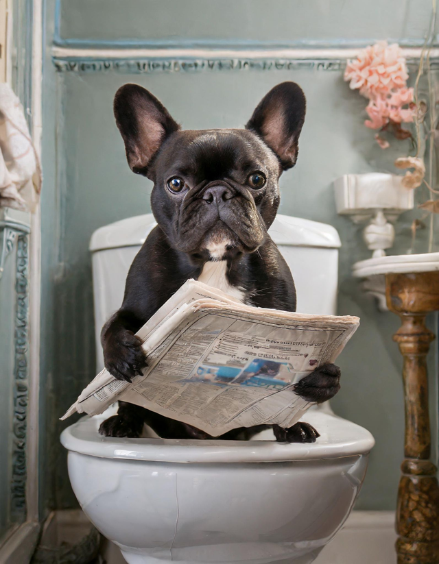 Frenchie on the Toilet Framed Canvas